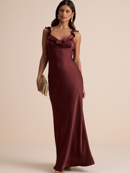Lulus Dresses & Skirts - Lulus Angela Brown Satin Ruffed Slip Maxi Dress - Size M